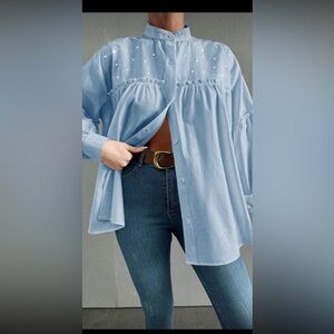 SHEIN Sky Blue Embellished Button-Down Shirt